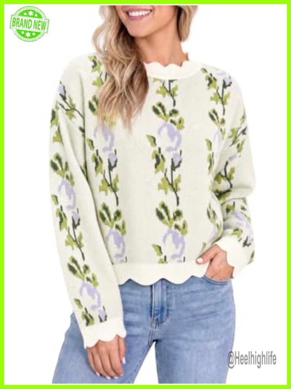 Womens Floral Sweater Scalloped Trim Casual Knit Pullover Crew Neck Long Sleeve